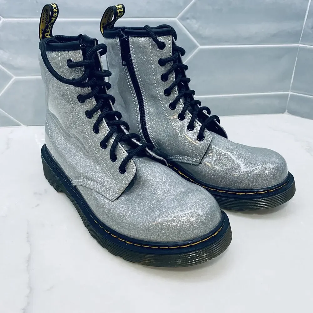 Dr Martens Boots Girls Size 3 Glitter J Youth Silver Lace Up Combat Shoes 1460
